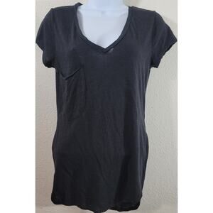 Marvenie Black Slub Knit  V Neck Top Small Lightweight Soft Stretchy Cap Sleeves